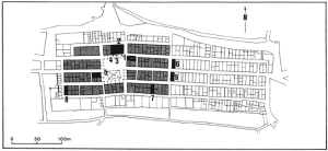Plan parcellaire de la Bastide avec restitution des couvents, en grisé et en noir les maison du XIIe et XIVe siècle inventoriées (fond de plan G. Séraphin, complété par P. GG)